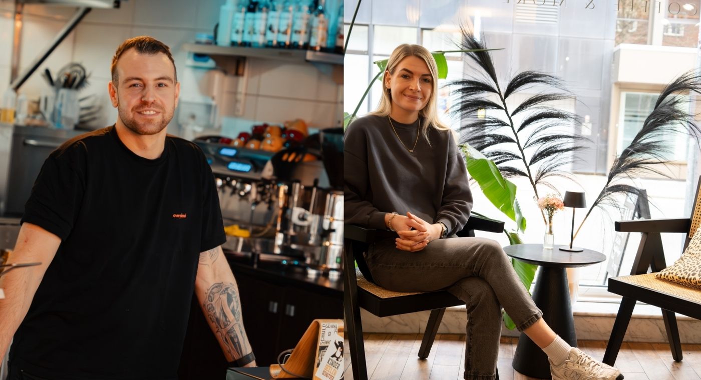 Collage aus zwei Bildern. Links sieht man den Inhaber von Homemade Oberhausen. Er lächelt und steht hinter der Theke seines Cafés. Auf dem rechten Foto sieht man die Inhaberin des FACE coffee & more. Sie sitzt auf einem Stuhl in ihrem Café. Im Hintergrund ist eine Pflanze.