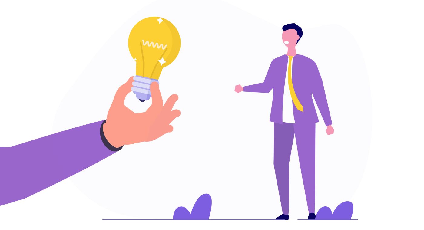 Illustration von einer großen Hand, die eine Glühbirne hält. Rechts daneben steht ein Mann.