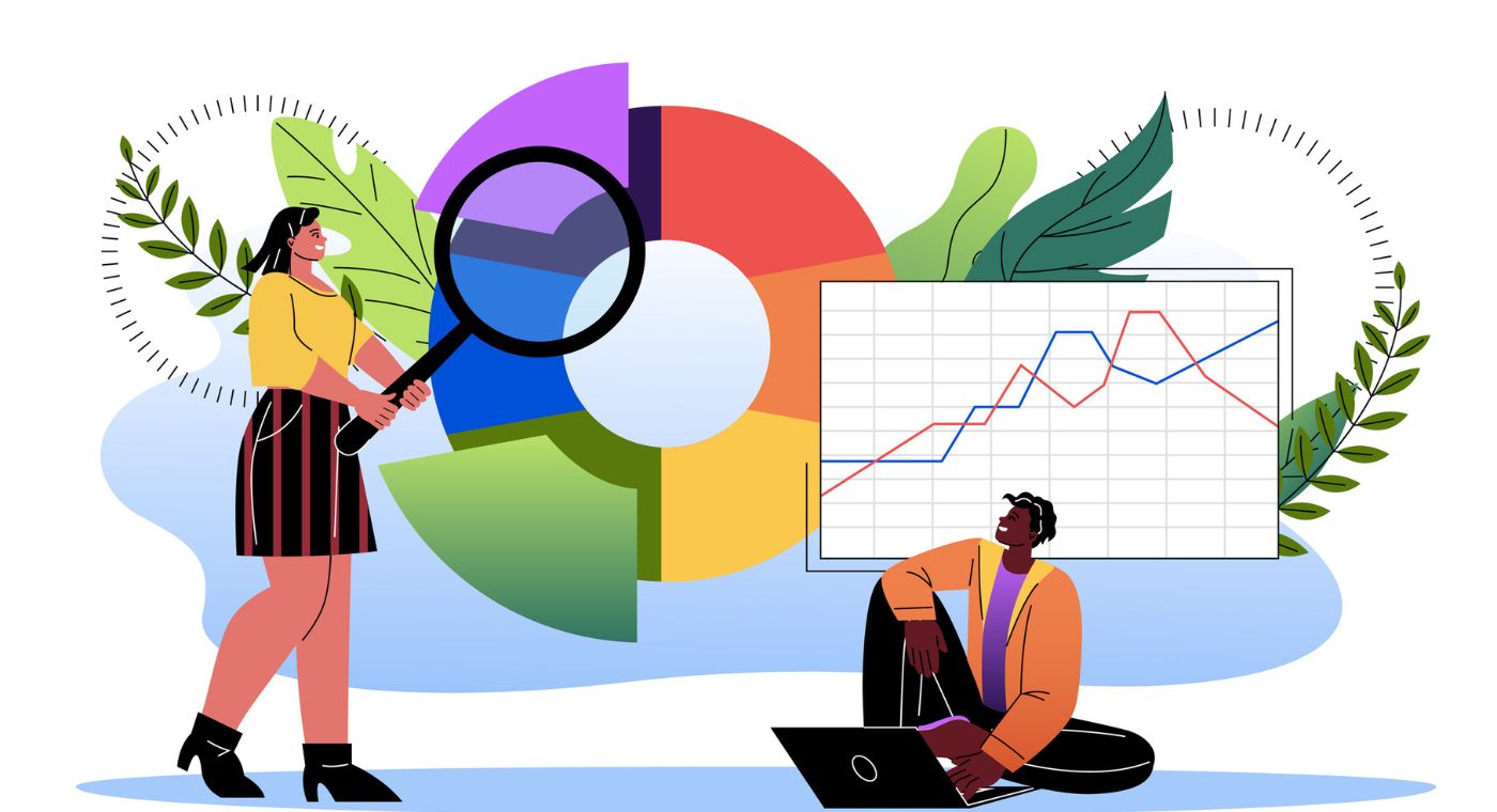 Illustration: Menschen mit statistischer Analyse. Mann mit Laptop und Frau mit Lupe werten Grafiken und Diagramme aus.