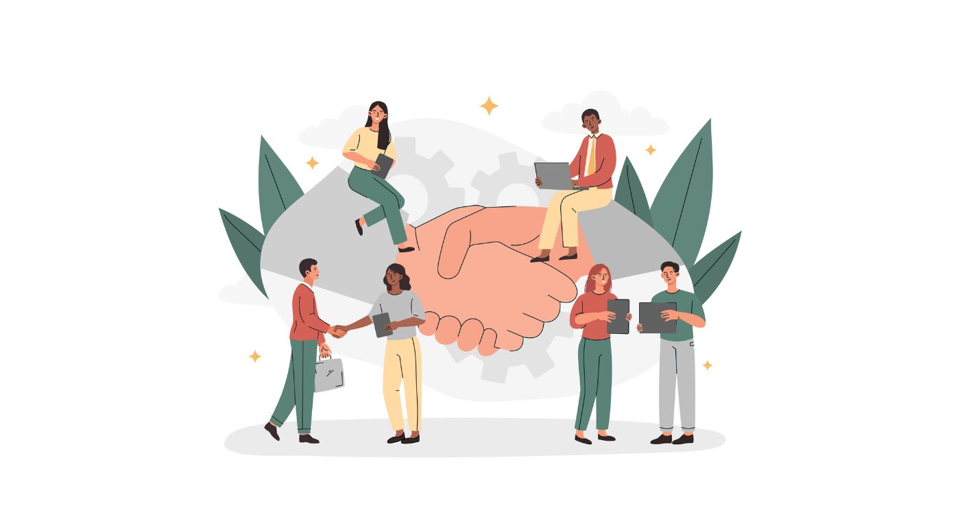 Illustration von zwei Händen, die sich die Hand geben. Drum herum sind sechs Personen.