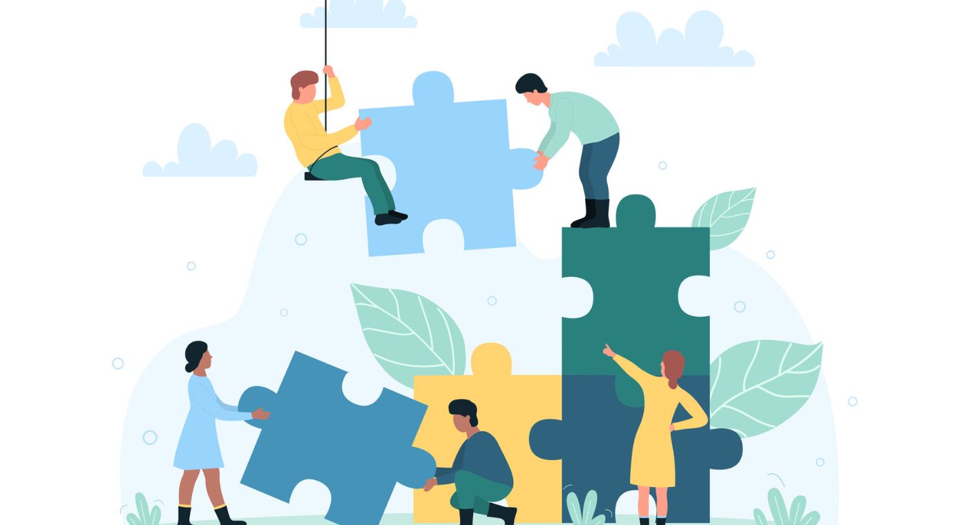 Illustration von fünf Personen, die ein Puzzle zusammenfügen.