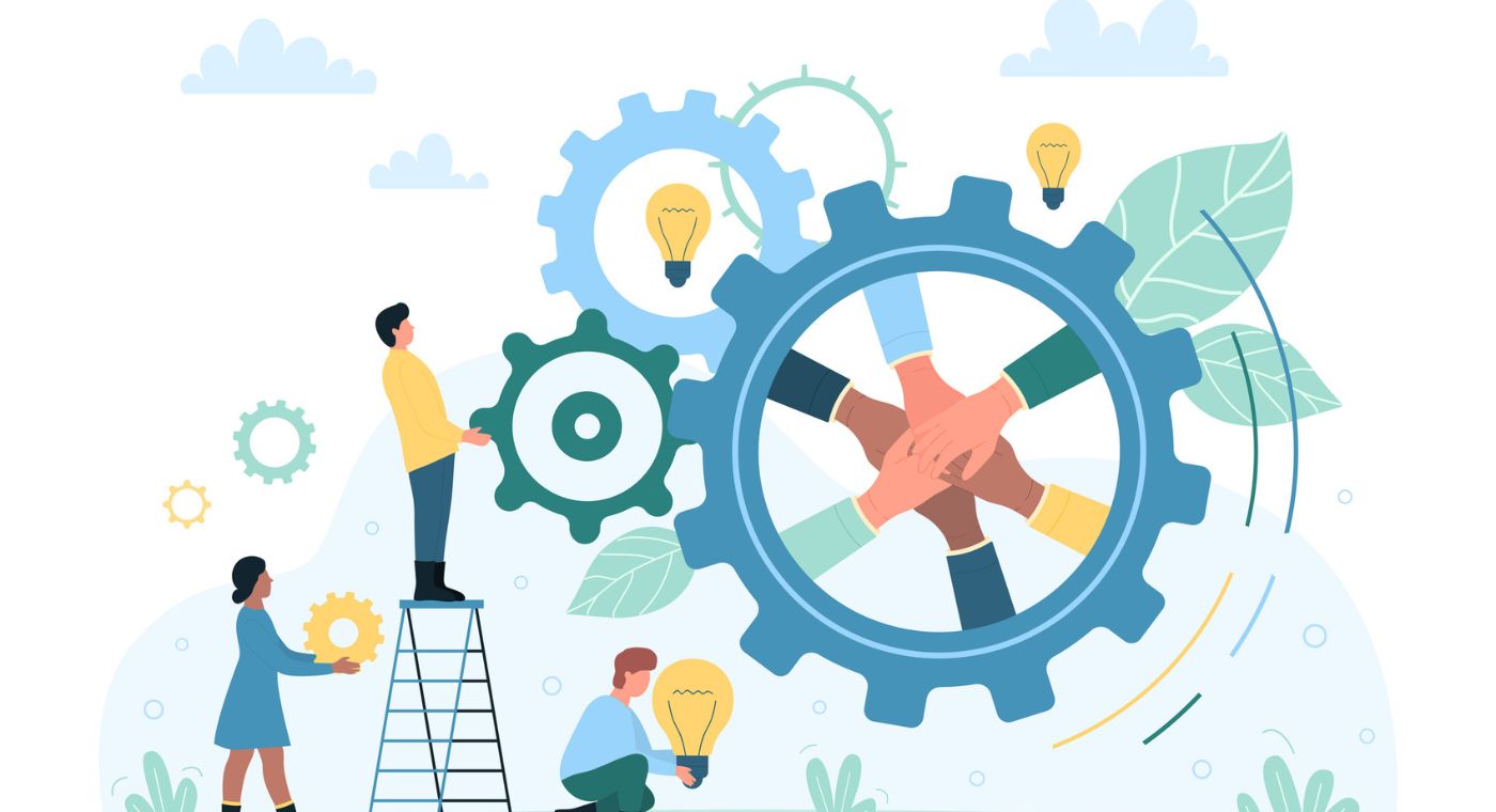 Illustration eines Teams, das gemeinsam an Zahnrädern mit Glühbirnen arbeitet; in einem großen Zahnrad liegen mehrere Hände übereinander.