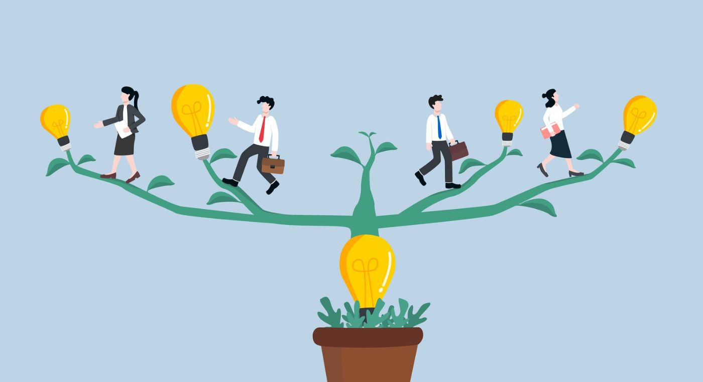 Illustration eines Baums mit Glühbirnen als Blätter, auf dessen Ästen mehrere Geschäftspersonen laufen. Ein Symbol für Ideen, Innovation und unternehmerisches Wachstum.