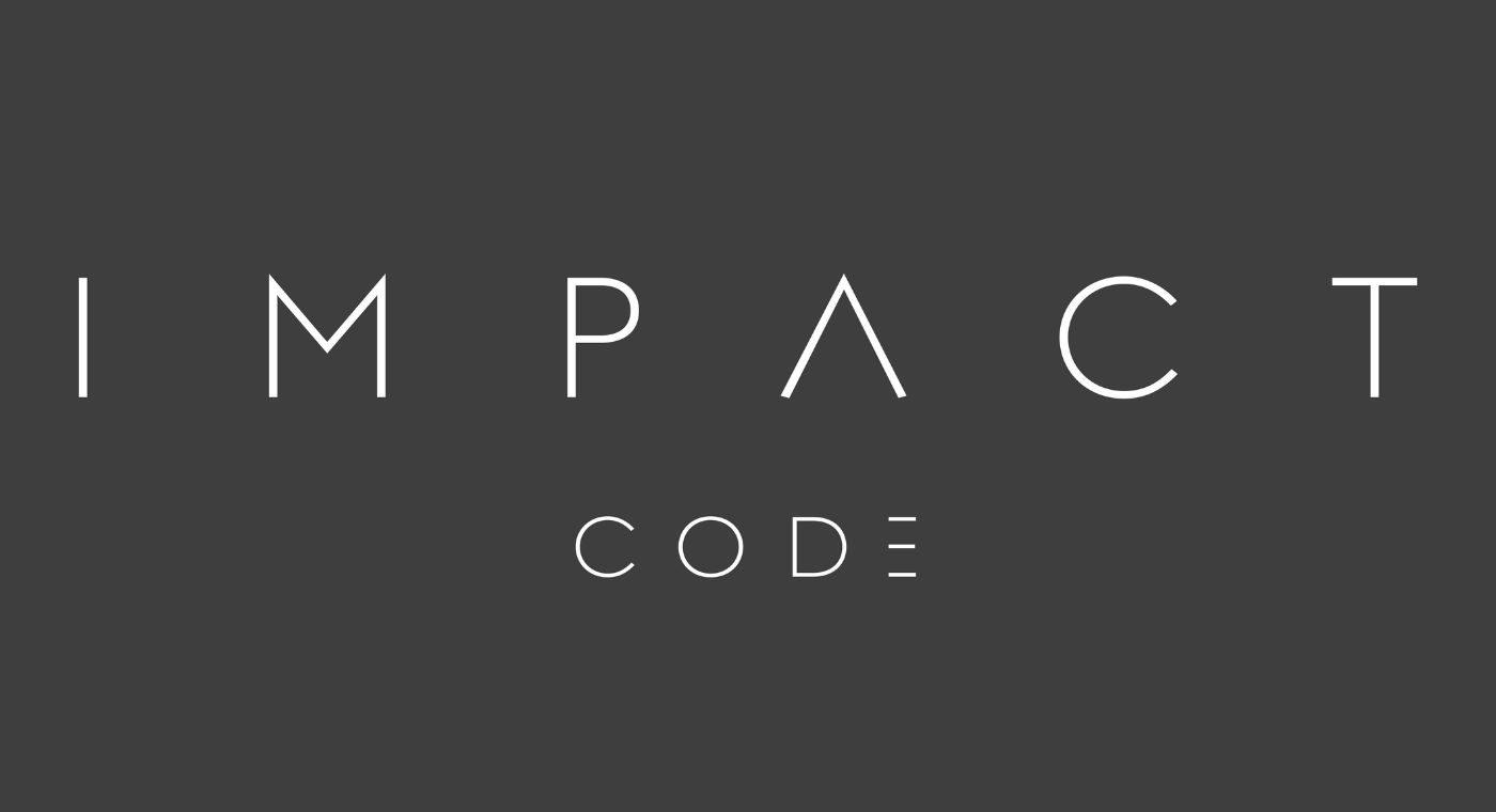 Grauer Hintergrund und im Vordergrund steht in großen weißen Druckbuchstaben impact code.