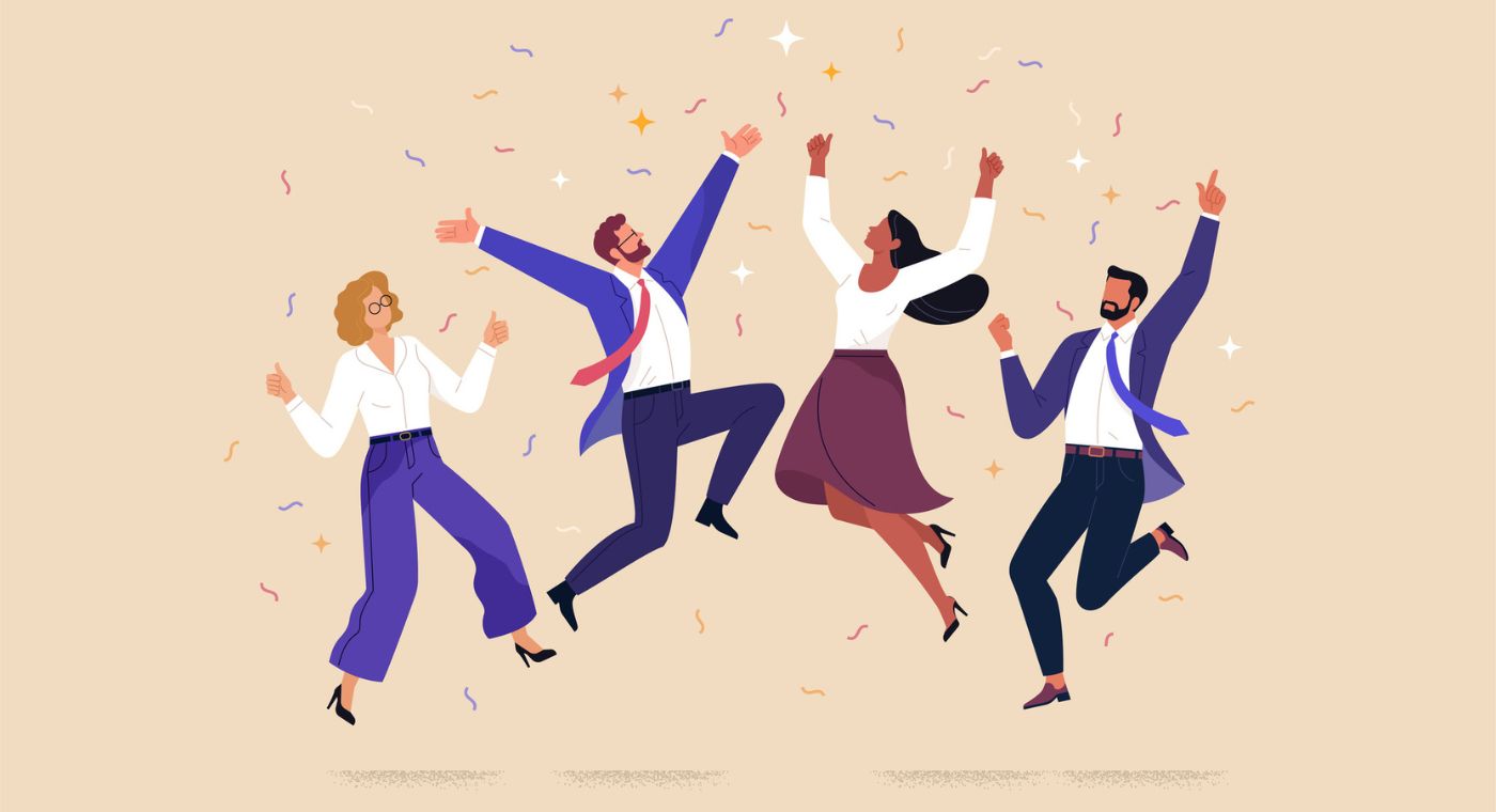 Illustration von vier Figuren, die feiern. Drum herum ist Konfetti