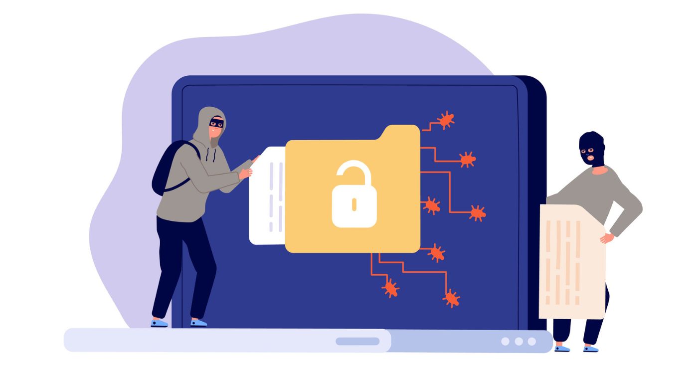 Illustration eines Laptops mit einem geöffneten Ordner und einem Schloss-Symbol im Vordergrund. Rote, verzweigte Linien mit kleinen Virus-Symbolen deuten auf eine Cyberbedrohung hin. Zwei maskierte Personen stehen links und rechts daneben. Eine versucht, auf die Daten zuzugreifen, die andere hält ein Dokument. Die Darstellung symbolisiert unbefugten Zugriff, Datenklau oder Cyberangriffe.