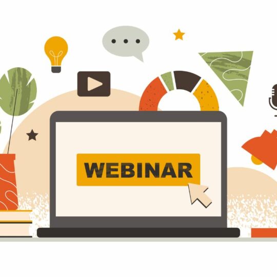 Illustration von einem Laptop. Auf dem Bildschirm steht Webinar. Drum herum sind Bücher, eine Pflanze, eine Glühbirne und ein Kreisdiagramm.