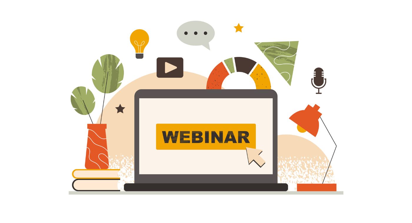Illustration von einem Laptop. Auf dem Bildschirm steht Webinar. Drum herum sind Bücher, eine Pflanze, eine Glühbirne und ein Kreisdiagramm.