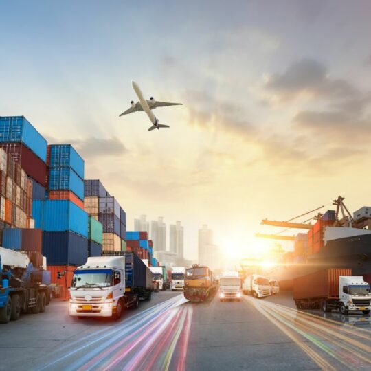 Hafen mit LKW´s und Schiffen auf dem Wasser.