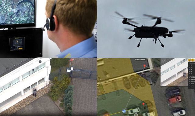 Collage aus vier Bildern. Oben links sitzt ein Mann mit einem Headset und schaut auf einen Bildschirm. Oben rechts ist eine Drohne. Unten links ein Foto von einem Gebäude. Unten rechts ist eine Aufnahme von Google Maps zu sehen.