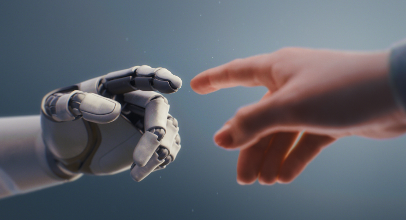 Die Finger einer menschlichen und einer Robotor-Hand berühren sich.
